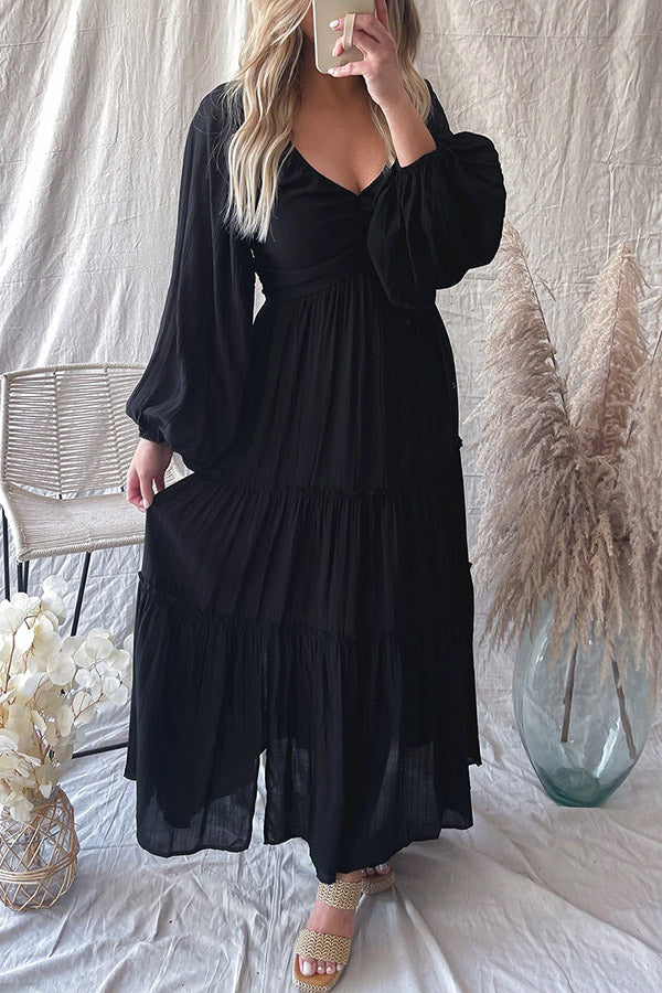V Neck Bowknot Cutout Frill Tiered Maxi Dress Black