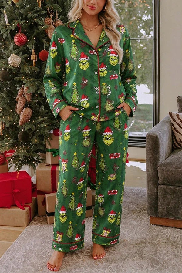 Grinch Unique Print Long Sleeve Loose Shirt and Elastic Waist Pocket Pajama Set