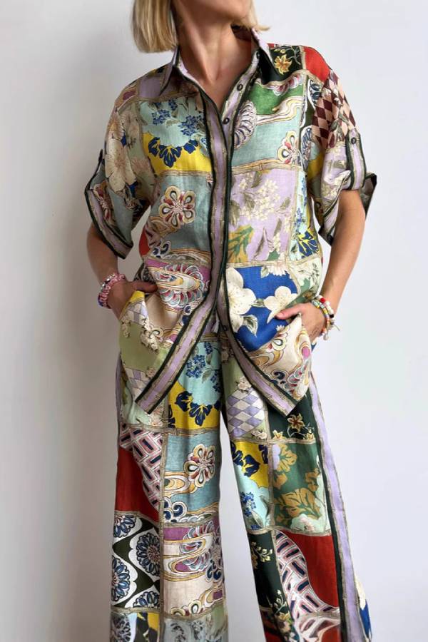 Vintage Patchwork Print Short Sleeve Shirt & Wide Leg Pants Loungewear Set