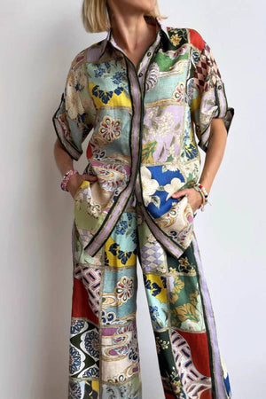 Vintage Patchwork Print Short Sleeve Shirt & Wide Leg Pants Loungewear Set