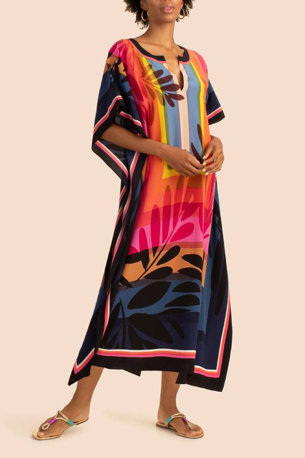 Multi-Color Printed V-Neck Kimono-Sleeve Maxi Kaftan