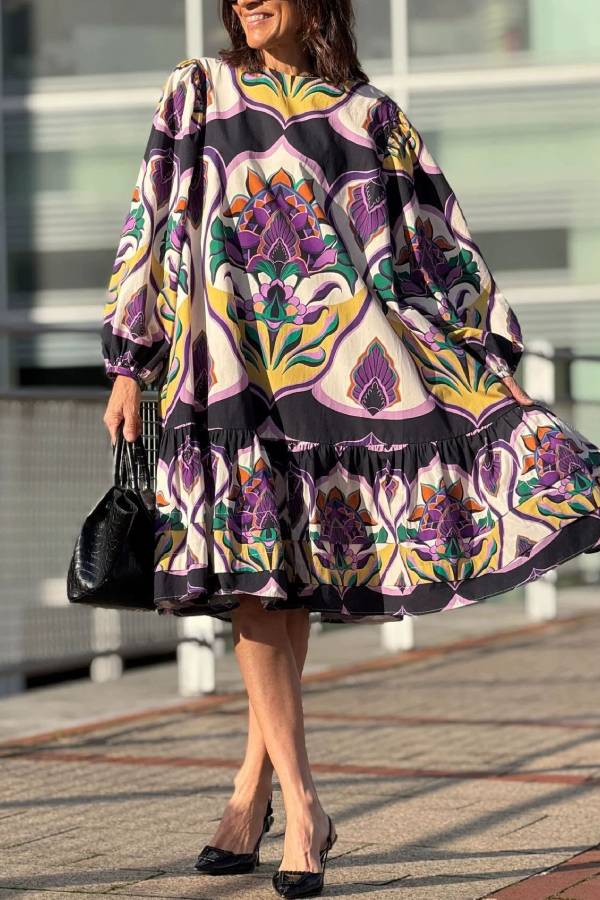 Vintage Print Lantern Sleeve Loose Midi Dress