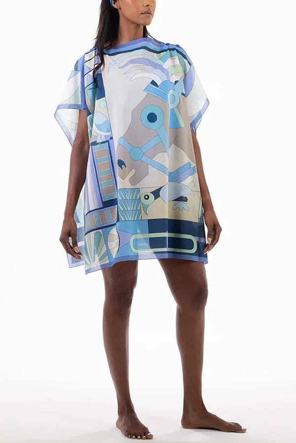 Horse Island – Lockeres Minikleid aus Tüll mit einzigartigem Print und One-Shoulder-Träger und Knopfdetail 