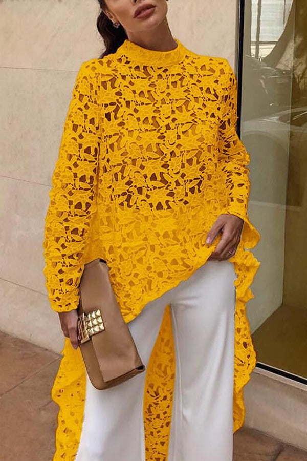 White Crochet Lace Cutout Long Sleeve Top Orange