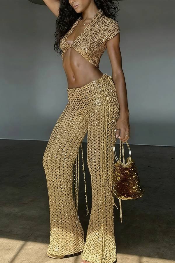 Gold Coast Knit Sequin Fabric Short Sleeve Crop Top and Adjustable Beaded Waist Loose Pants Set