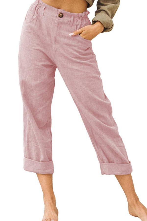 Solid color cotton and linen fashionable loose high waist casual pants Pink