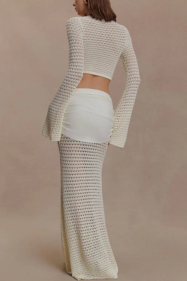 Mania Knit Hardware Detail Bell Sleeve Crop Top and Gathered Overlay Sash Stretch Maxi Skirt Set