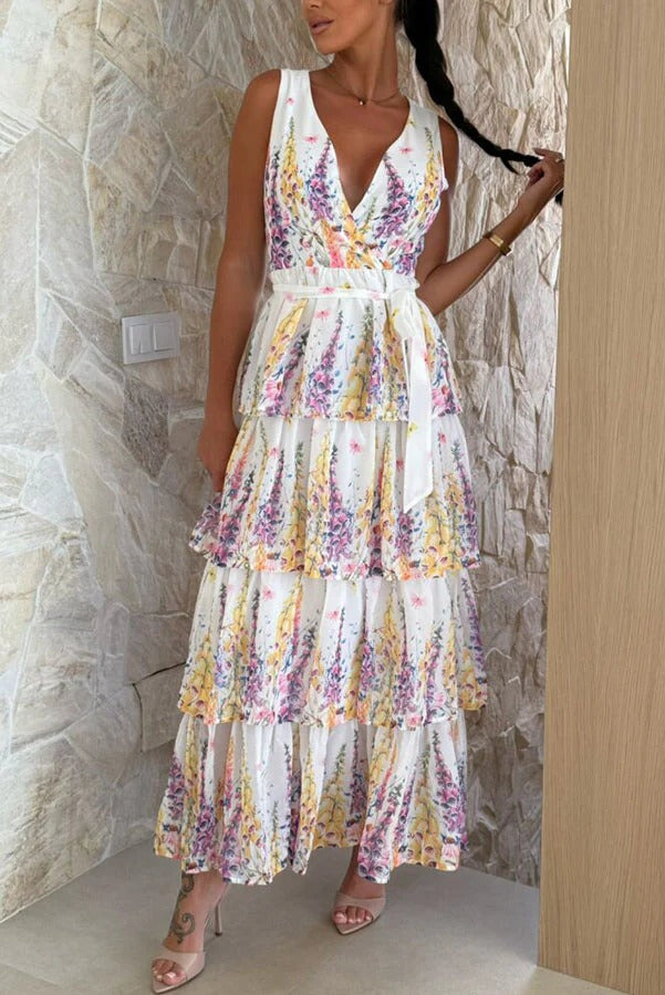 Sunny Views Lavender Print V-neck Tie-up Tiered Maxi Dress