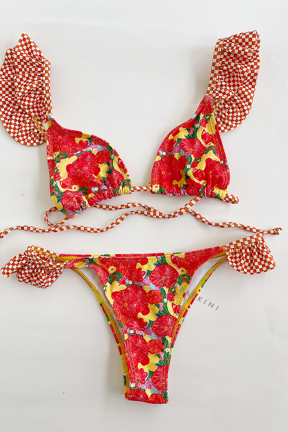 Floral Print Ruffled Tie-Back Triangle Bikini Set - Orange