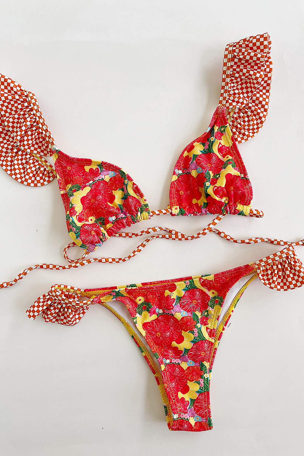 Floral Print Ruffled Tie-Back Triangle Bikini Set - Orange