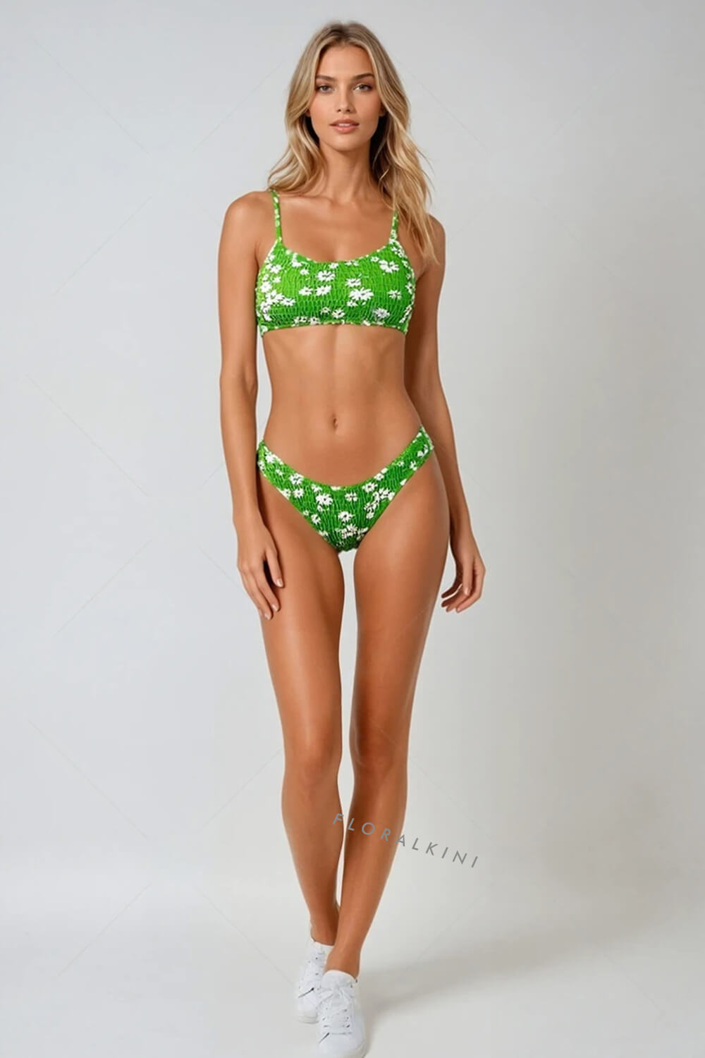 Pale Green Floral Ruched High Leg Bikini Bottom