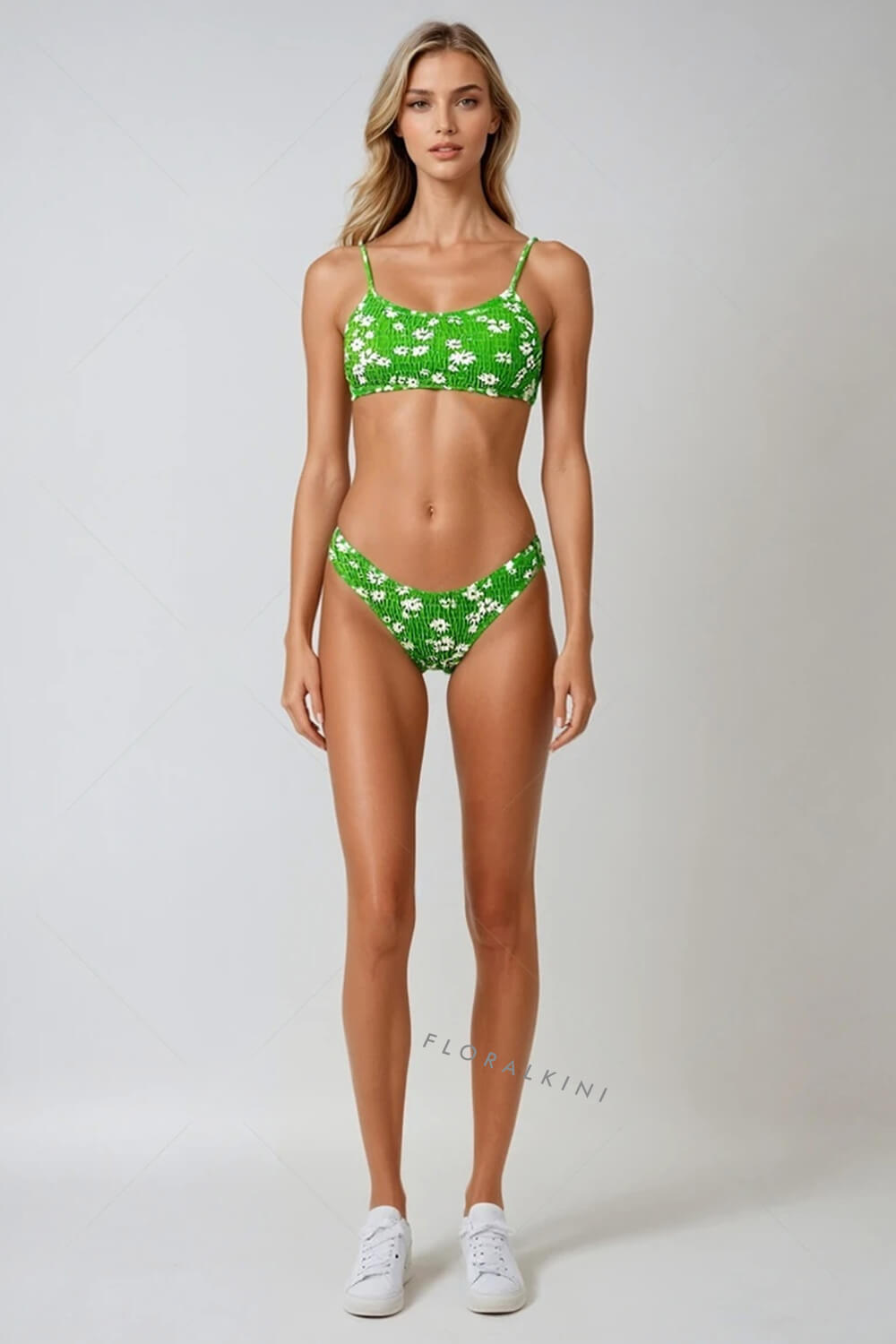 Pale Green Floral Ruched High Leg Bikini Bottom