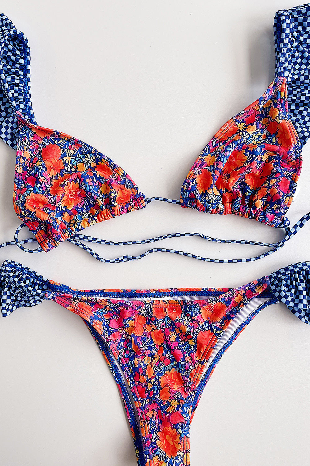 Floral Print Ruffled Tie-Back Triangle Bikini Set - Blue