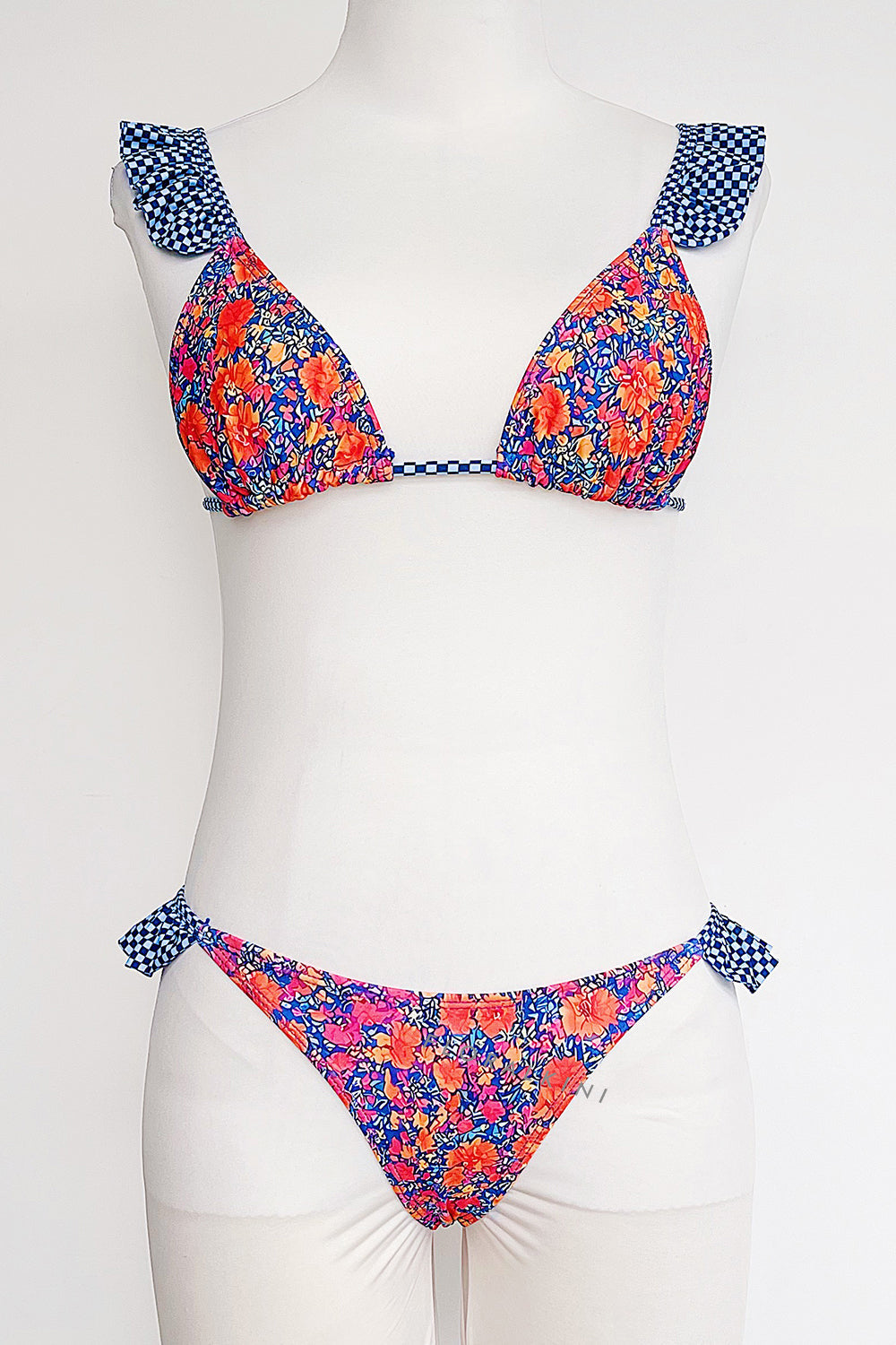 Floral Print Ruffled Tie-Back Triangle Bikini Set - Blue