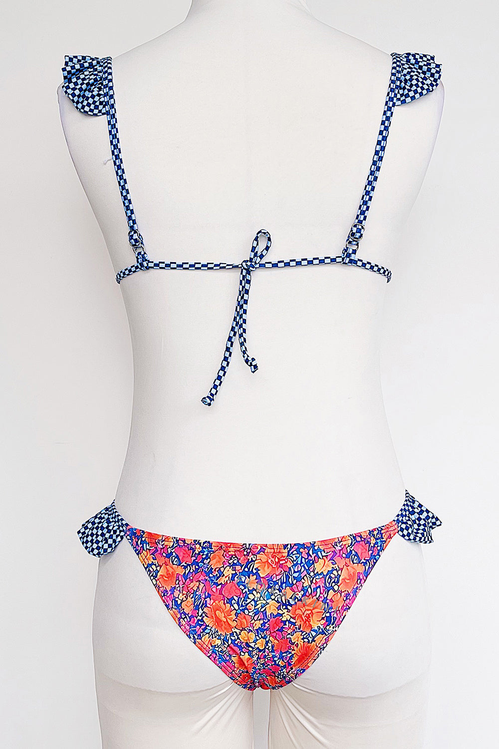 Floral Print Ruffled Tie-Back Triangle Bikini Set - Blue