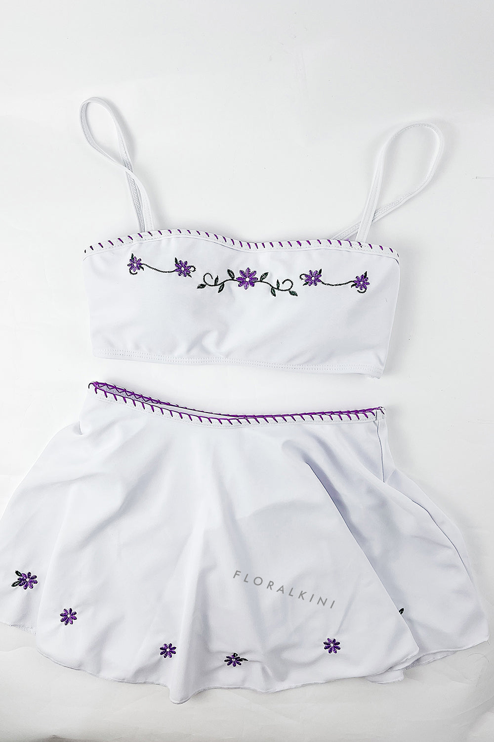 Floral Embroidered Bandeau Bikini Set With Ruffled Mini Skirt - White