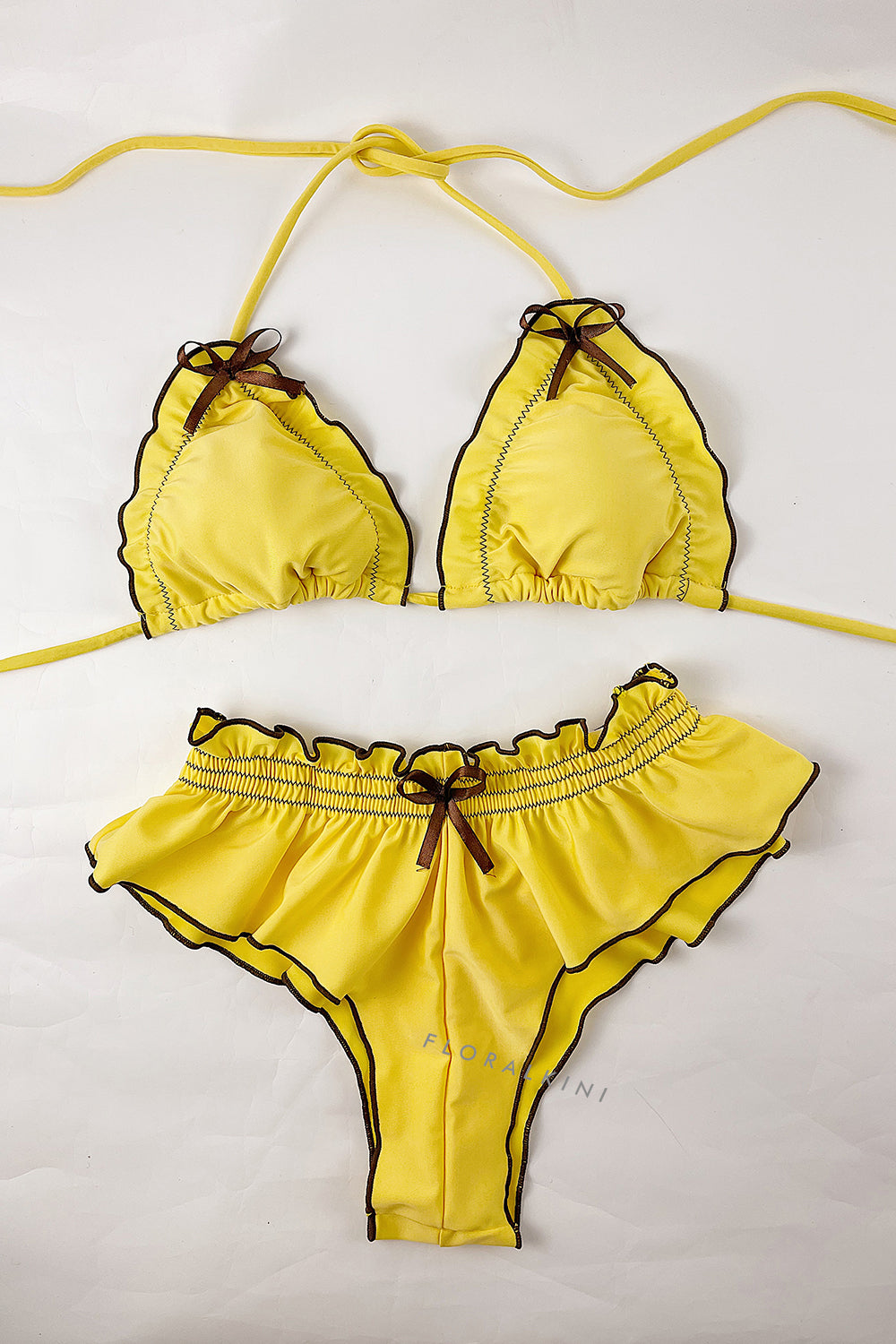 Yellow Two-Tone Frill Trim Halter Triangle Elastic Bikini Set
