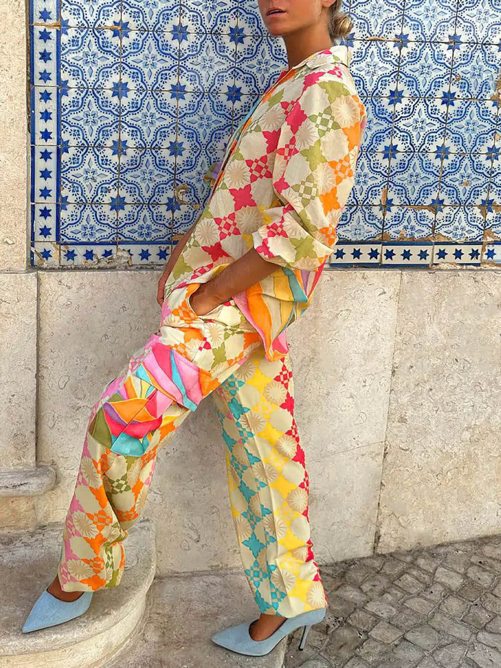 Vintage Chic Hose mit bemaltem Druck und elastischer Tasche