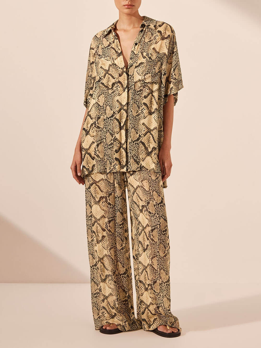 Modern Feel Satin Unique Snake Print Elastic Waist Drawstring Pocket Wide Leg Pants