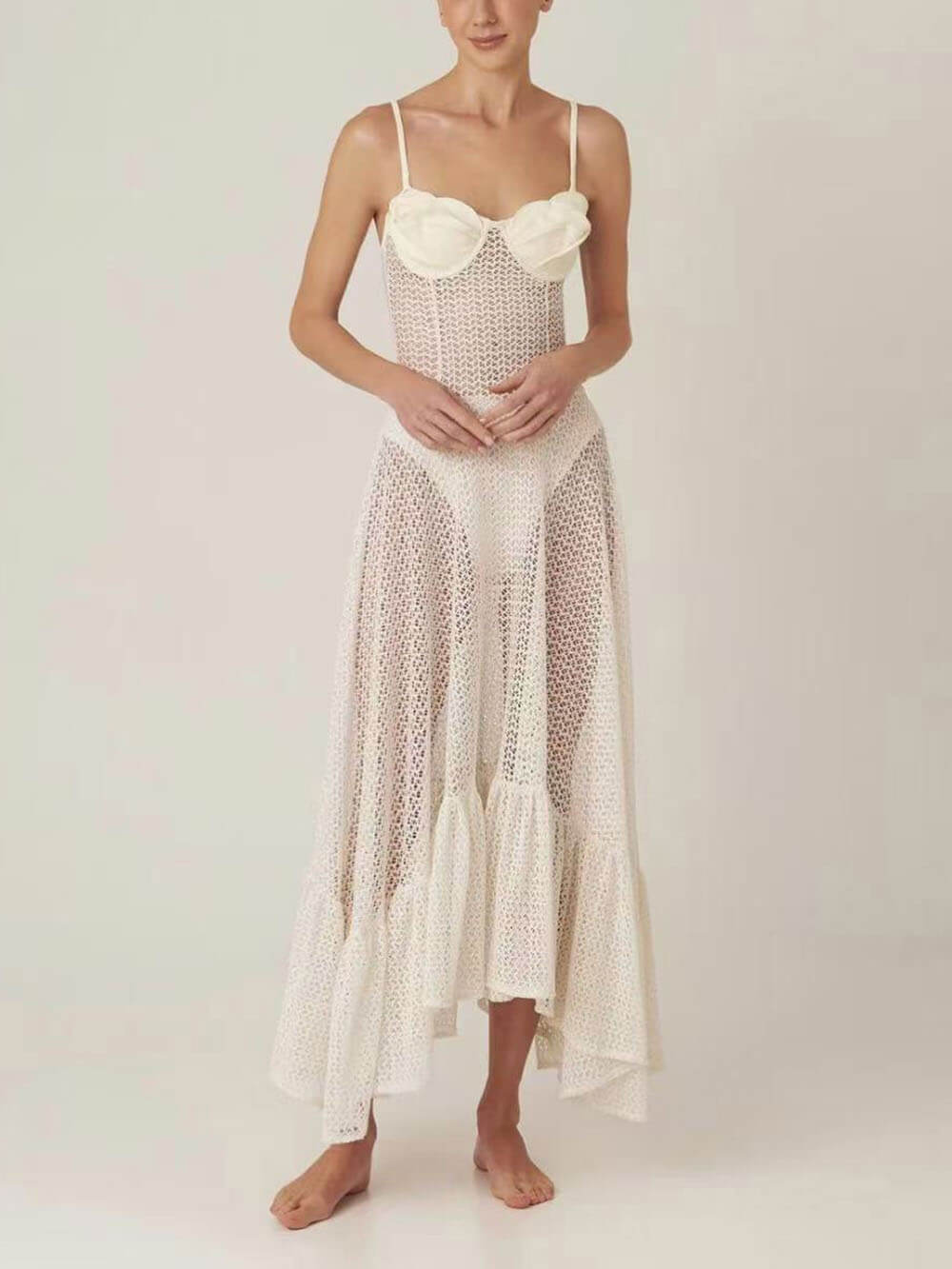 Elegantes, großes, durchsichtiges A-Linien-Kleid mit floraler Spitze und Strapsen