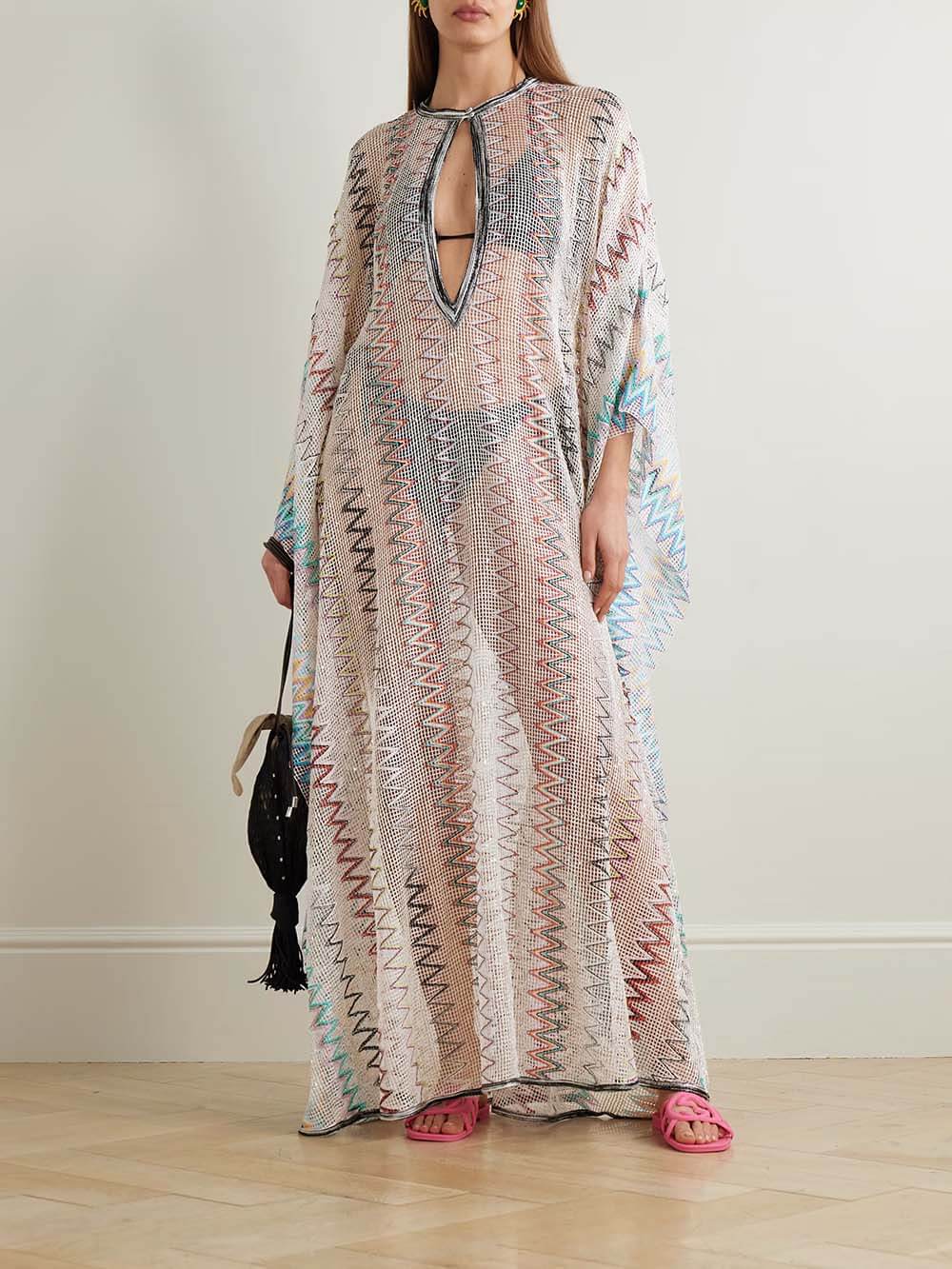 Robe longue décontractée en maille ajourée à rayures et sequins