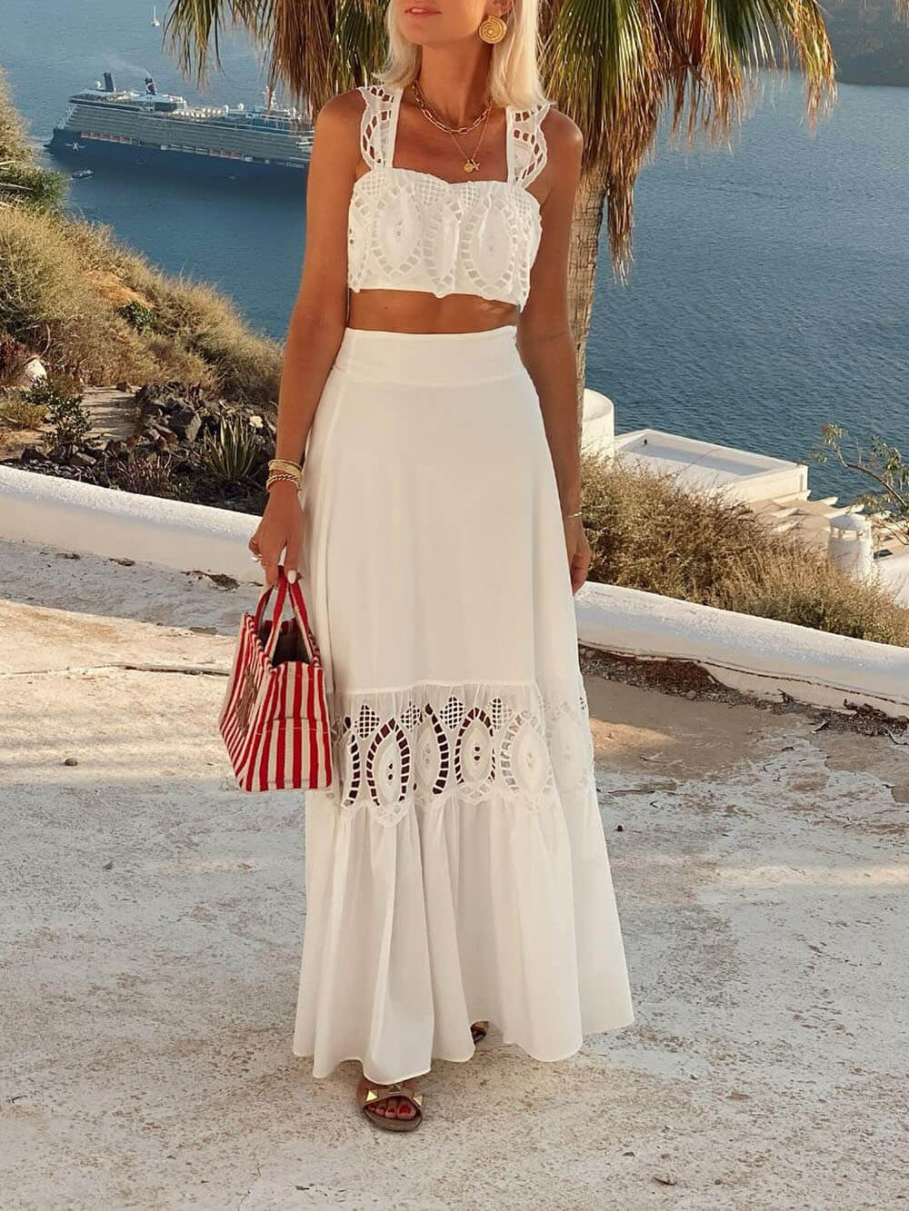 Elegant Lace-Panel High-Waist Maxi Skirt