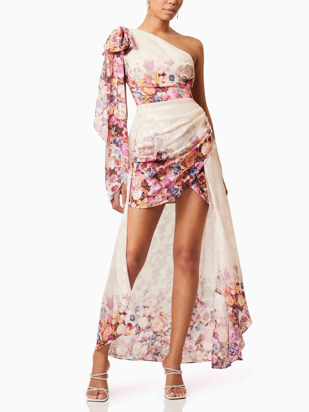 Elegant High-Slit Floral Print Layered Maxi Skirt