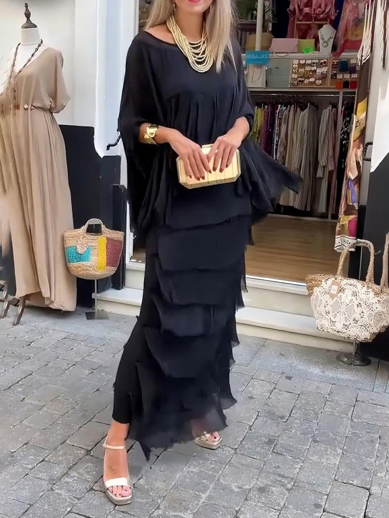 Elegant Layered Asymmetrical Ruffled Cape Maxi Dress