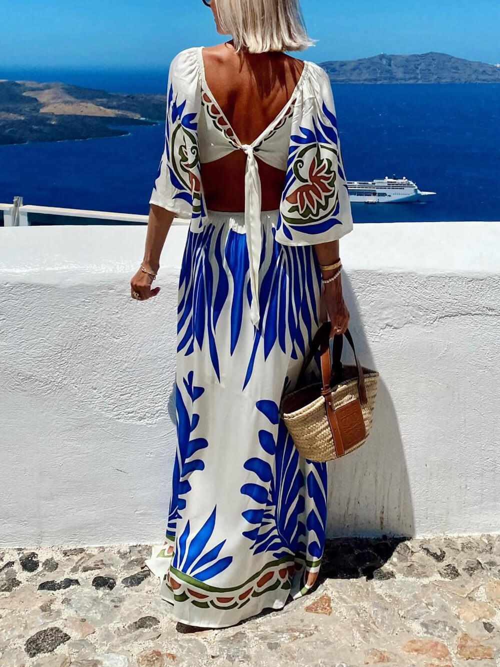 Elegant Floral Print Satin Flared Sleeve Maxi Dress