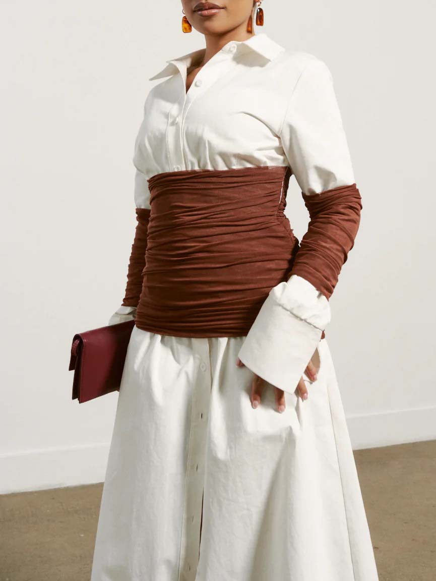 Elegant Mesh Panel Shirt Maxi Dress