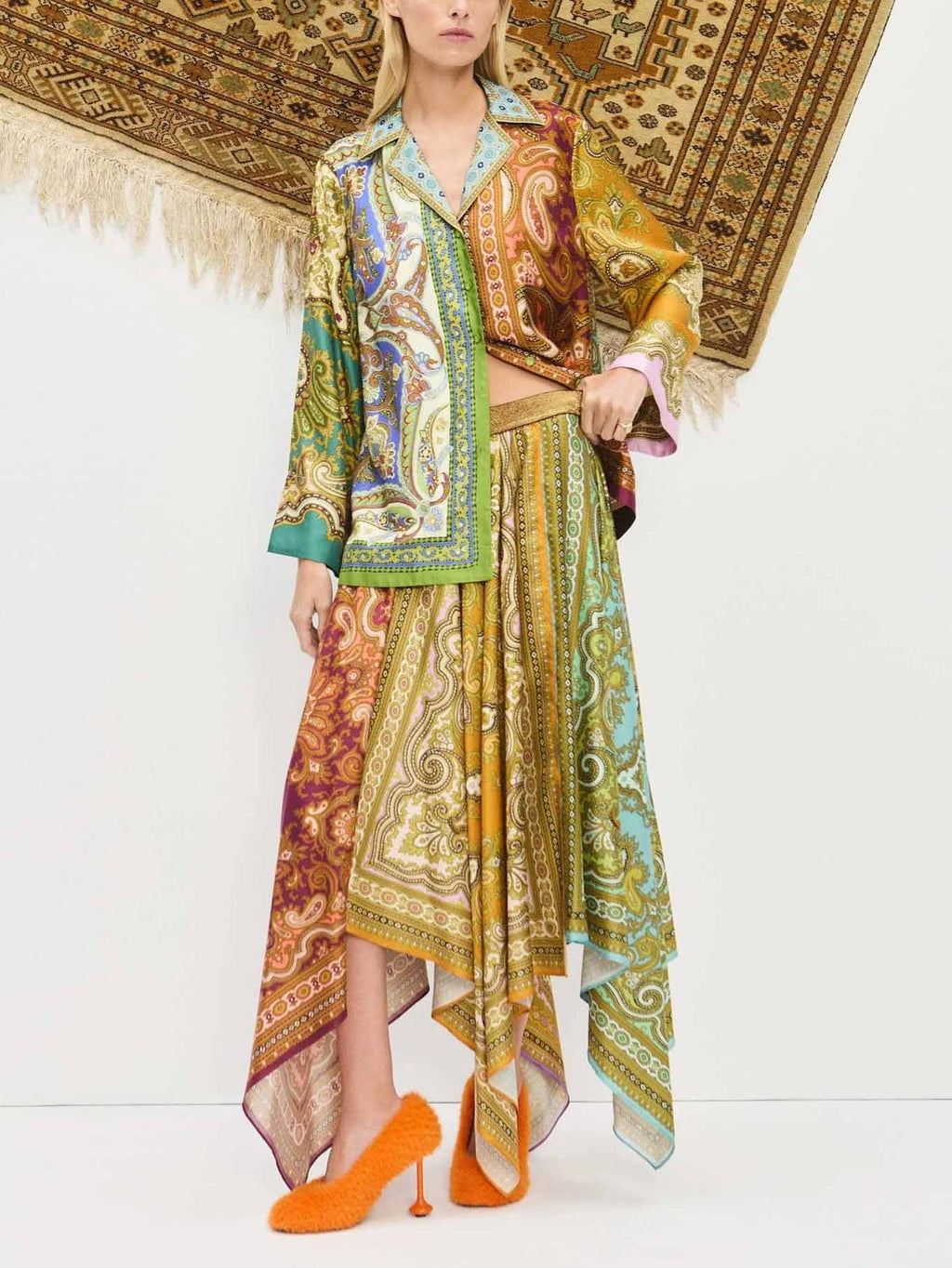 Retro Paisley Print Satin Irregular Skirt