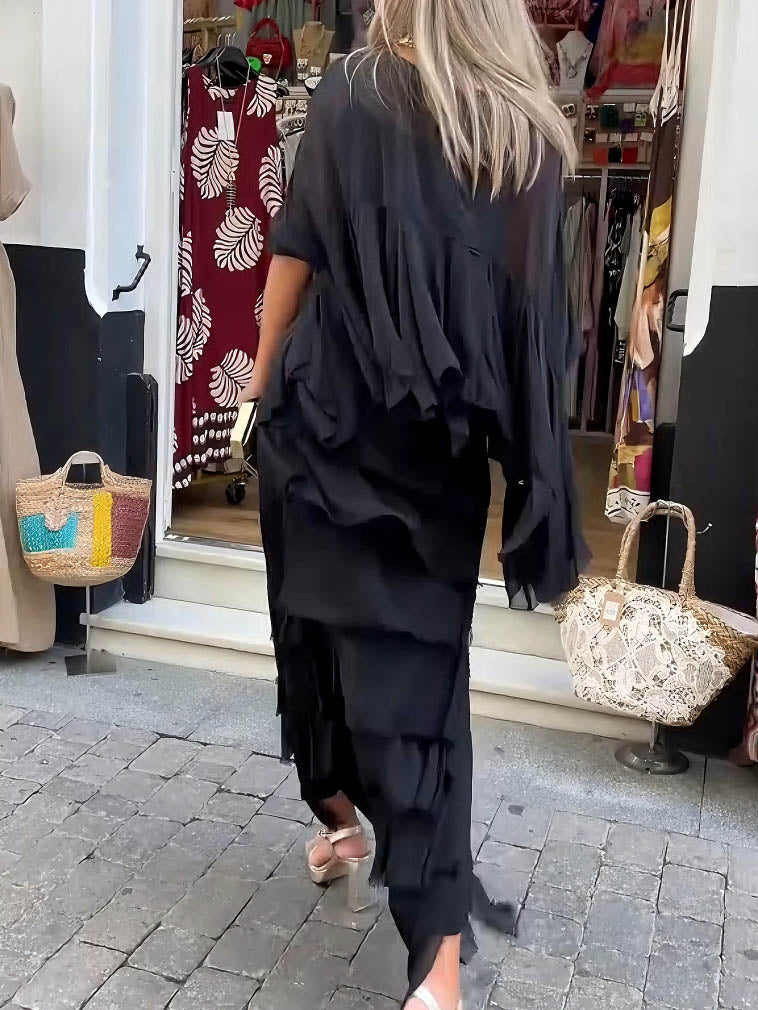 Elegant Layered Asymmetrical Ruffled Cape Maxi Dress