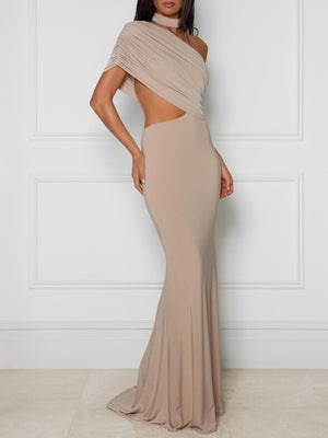 Elegant One-Shoulder Cutout Draped Maxi Dress