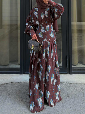 Retro Floral Print Pleated Balloon Sleeve Maxi Dress