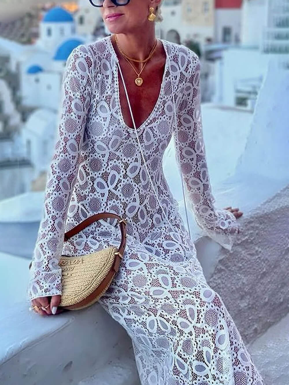 Sommer Lässiges Spitzen-Maxikleid mit Haken und Blumenschlitz, durchsichtig