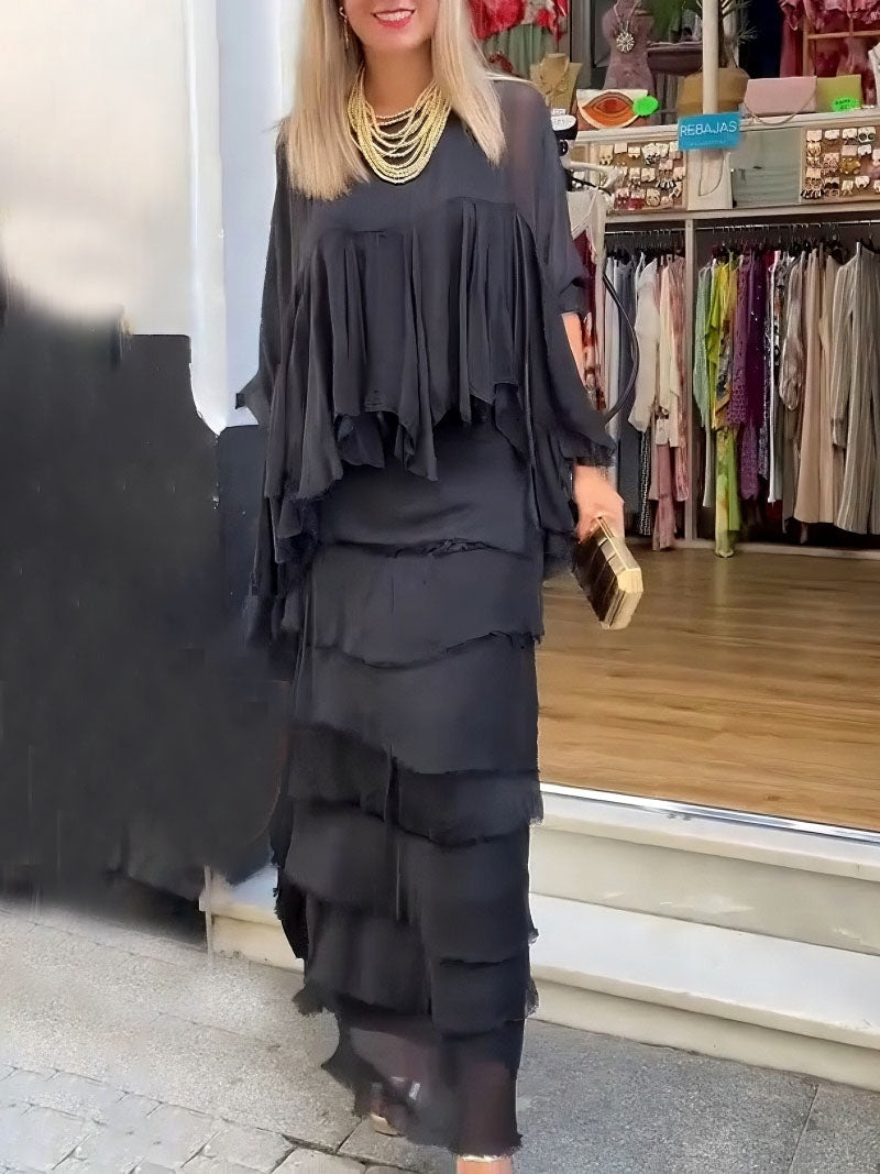 Elegant Layered Asymmetrical Ruffled Cape Maxi Dress