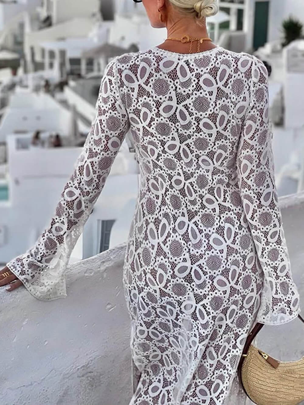 Sommer Lässiges Spitzen-Maxikleid mit Haken und Blumenschlitz, durchsichtig