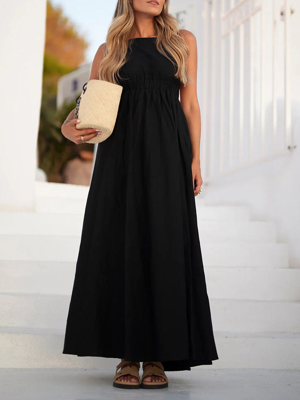 Casual Open Back Drawstring Elastic Waist Maxi Dress