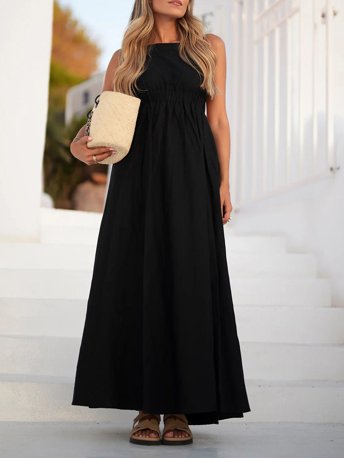 Casual Open Back Drawstring Elastic Waist Maxi Dress