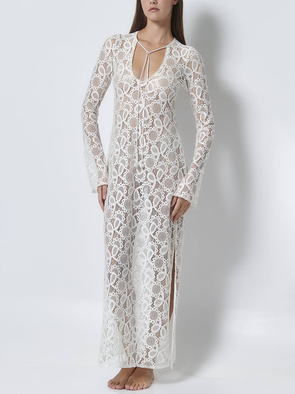 Sommer Lässiges Spitzen-Maxikleid mit Haken und Blumenschlitz, durchsichtig
