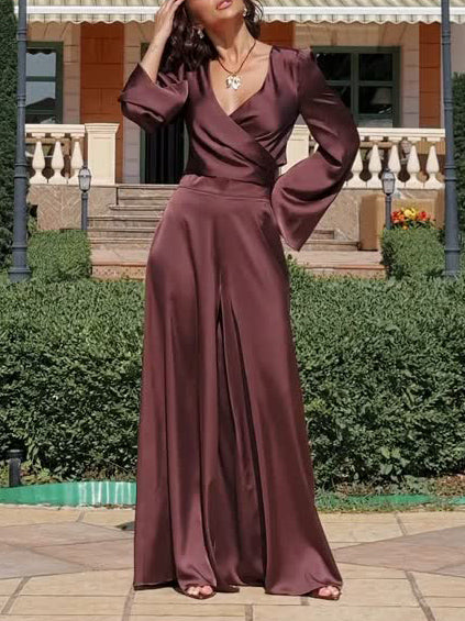 Elegant Satin Tie-neck Short Shirt With Trumpet Sleeves