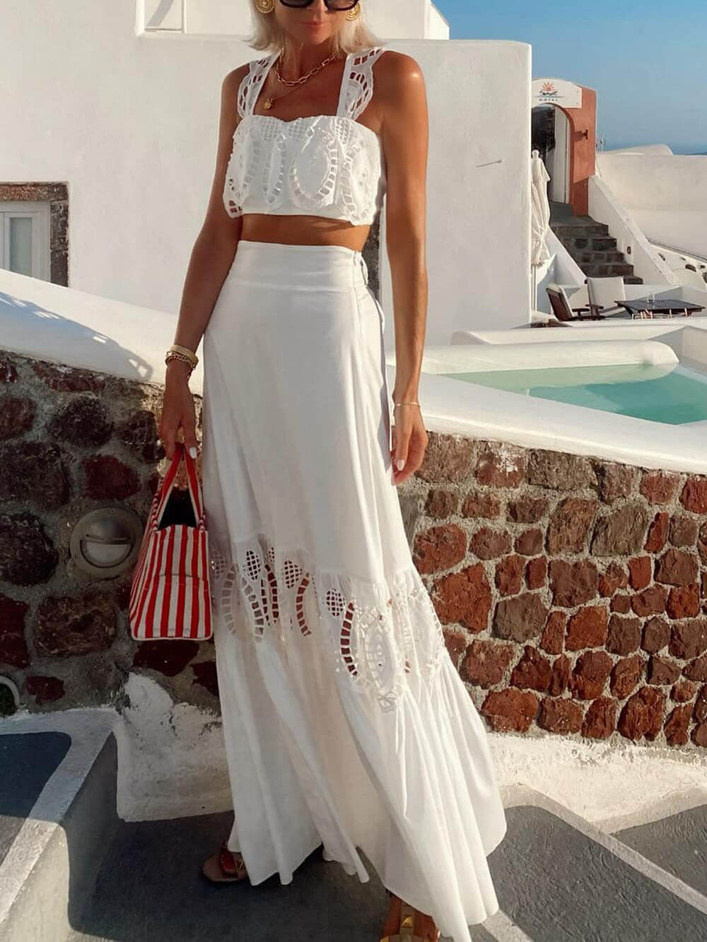 Elegant Lace-Panel High-Waist Maxi Skirt