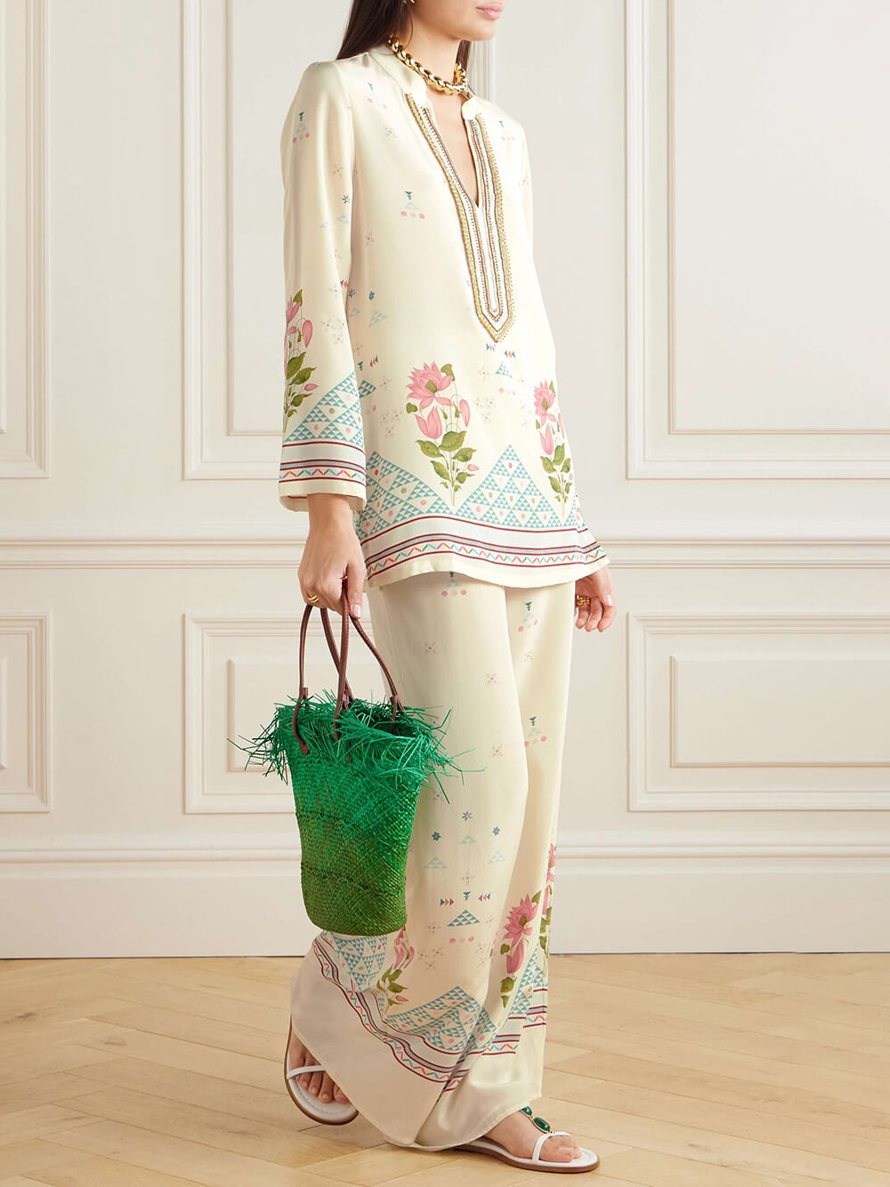 Exquisites, entspanntes Hemd im Bohemian Bloom Floral Patchwork-Stil