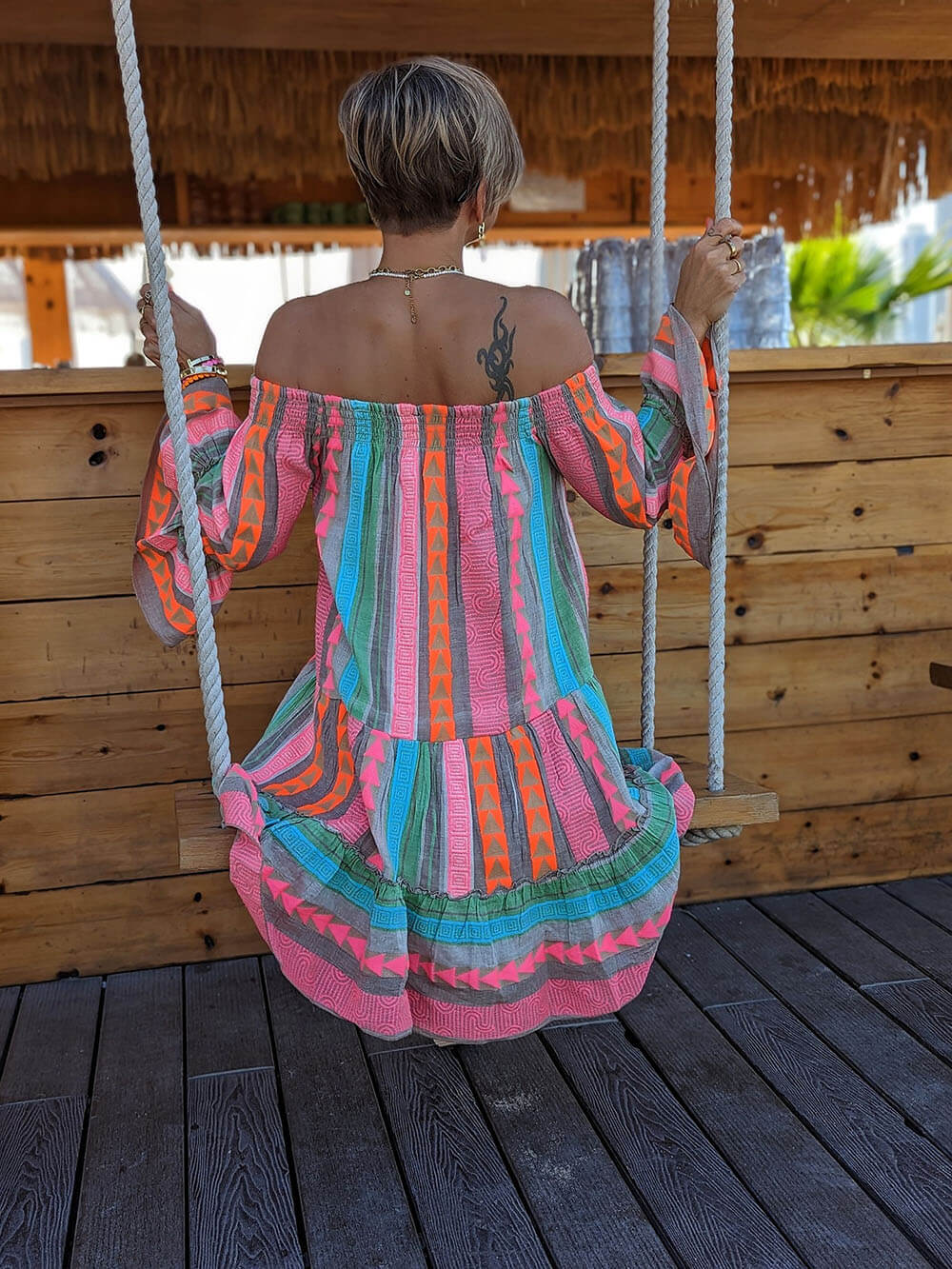 Mini-robe ample à épaules dénudées et imprimé ethnique en lin mélangé
