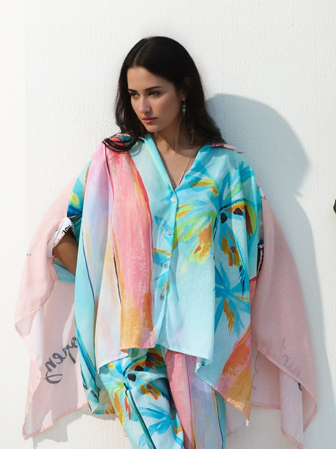 Chemise à manches chauve-souris unique avec imprimé cocotier et peinture à l'huile