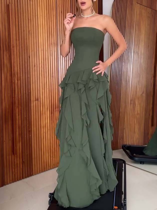 Mehrlagiges Maxikleid mit Tube-Top, Rüschen und Seitenschlitz