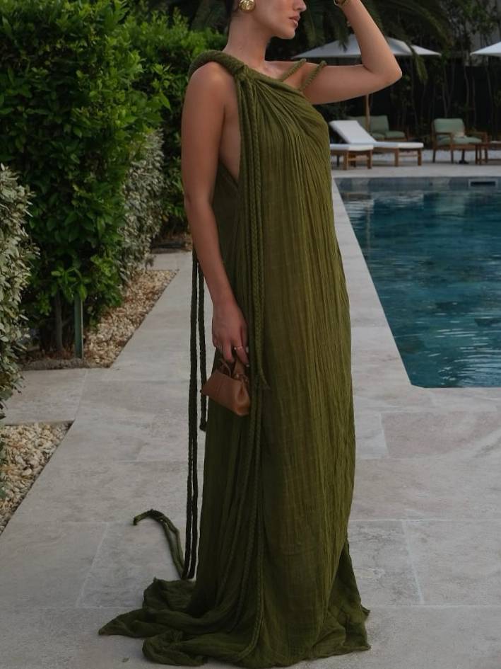 Schulterfreies Maxikleid im Urlaubsstil mit geflochtenem Design