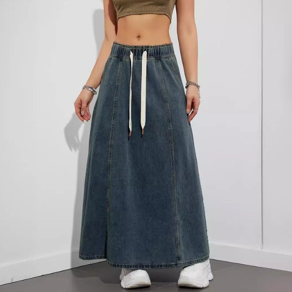 The Shoreline Drawstring Denim Maxi Skirt