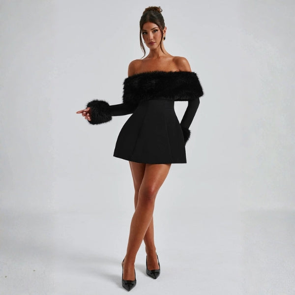 The Valentina Structured Off-Shoulder Faux Fur Mini Dress