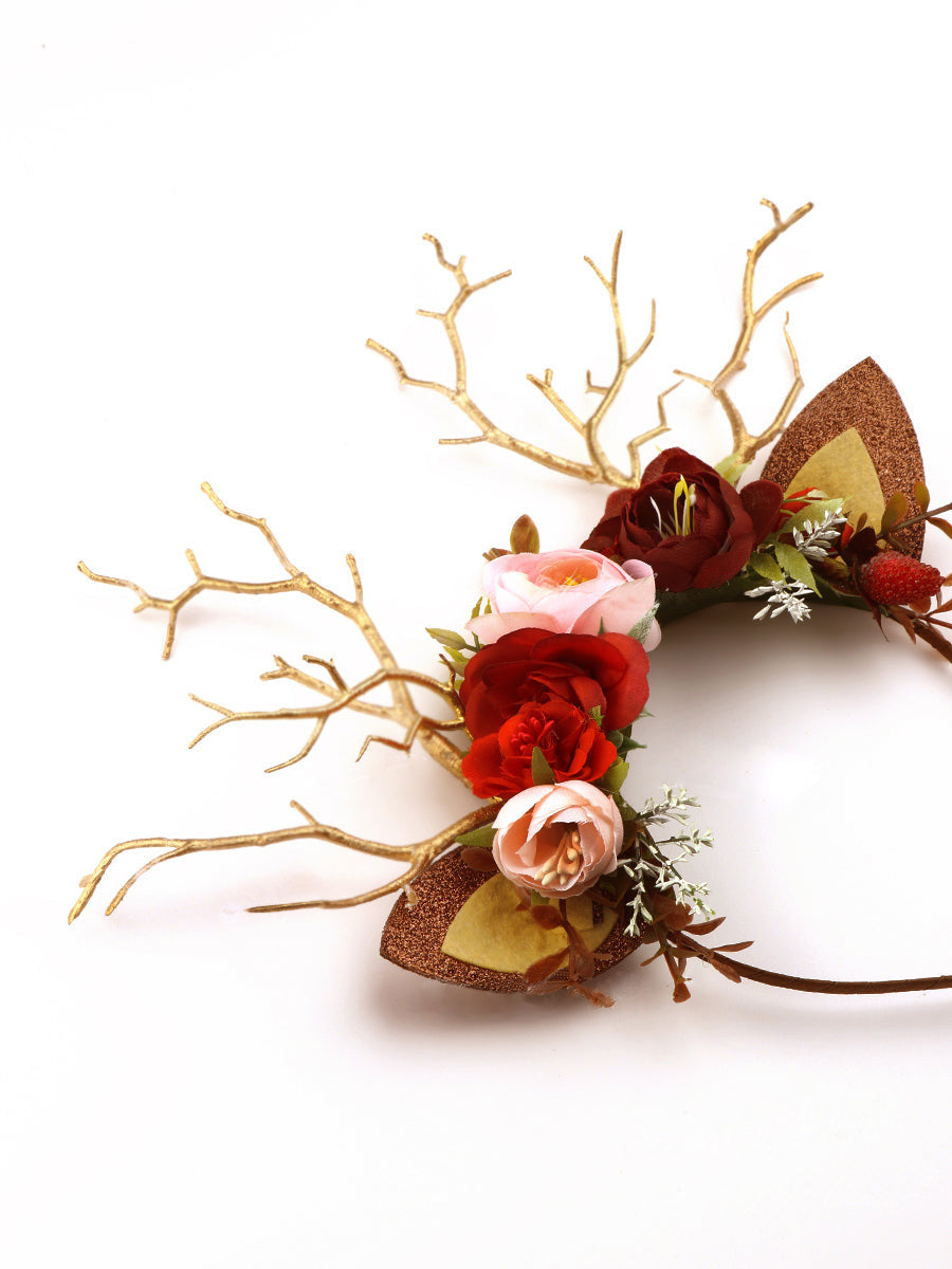 Burgunderrotes Blumen-Weihnachts-Rentier-Stirnband